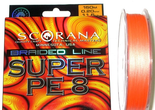 Леска плетеная Scorana SUPER PE 8, 150m, Оранж., 0.20mm