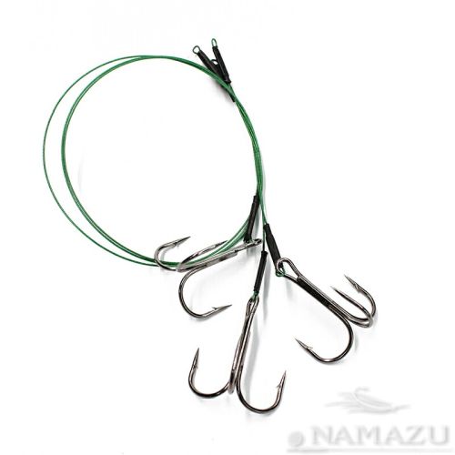 Поводок стальной NAMAZU 1х7 Nylon Coated Green, d-0,48 мм, L-40 см, с тройным крючком 35647 Round Be