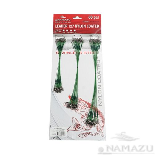 Набор поводков стальных NAMAZU Leader 1х7 Nylon Coated Green, L-15/20/25 см, test- 7 кг (по 20 шт.)/